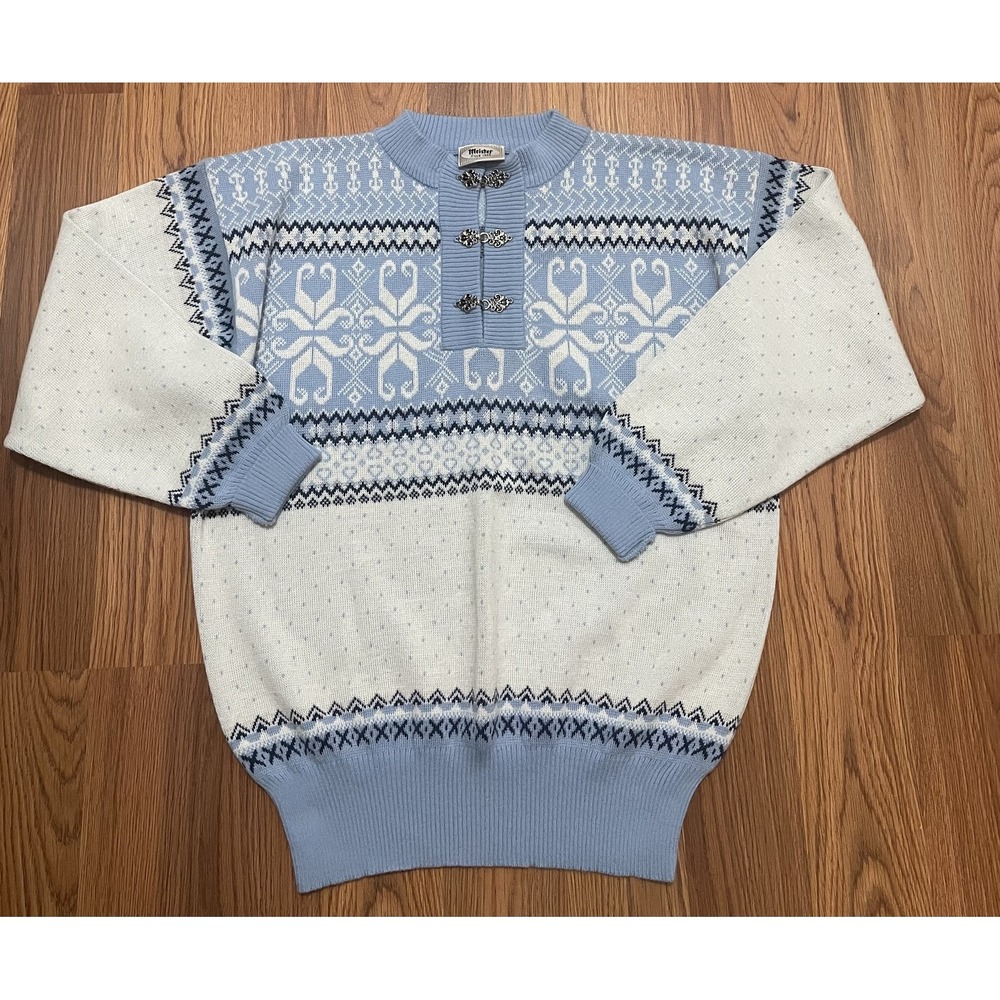 Meister Sweater Womens Medium Norwegian Fair Isle Wool Nordic Blue White